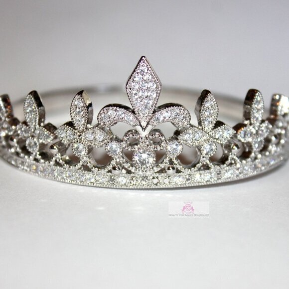 Clear Pave Cubic Zirconia Fleur-de-Lis Princess Crown Hinged Cuff Bracelet 7.5" - Picture 4 of 12